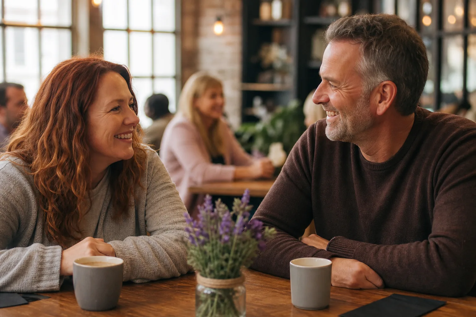 Two people talking over coffee at a café in Cheshire