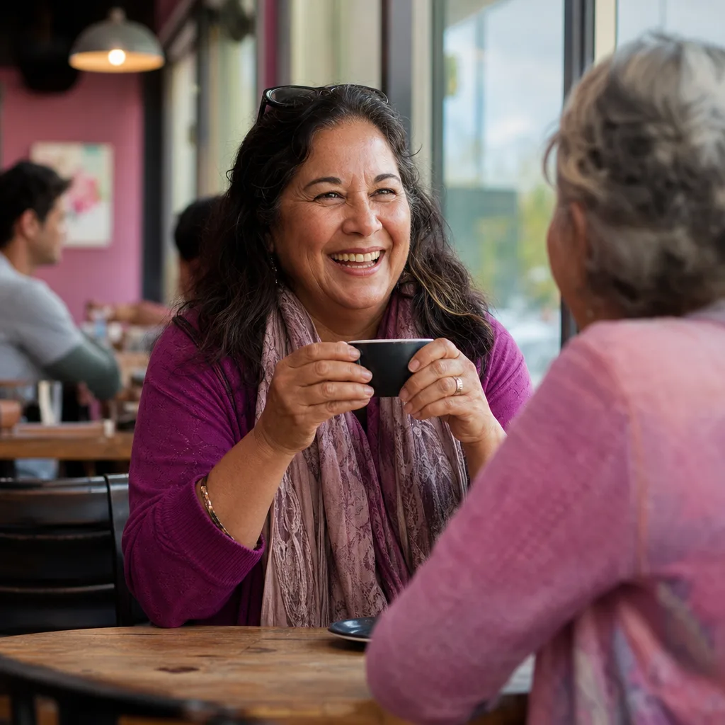 Mature woman checking a local dating profile on her phone in a Cheshire cafe