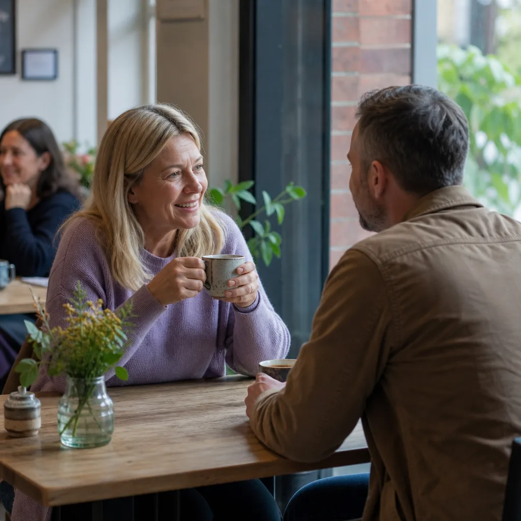 Two adults having coffee at Storyhouse in Chester on a relaxed first date