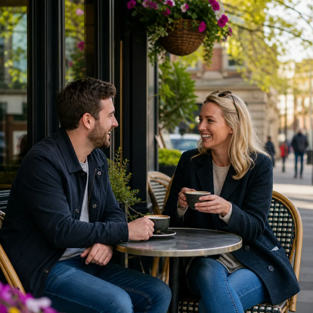 Two adults meeting at a busy café in Macclesfield town centre
